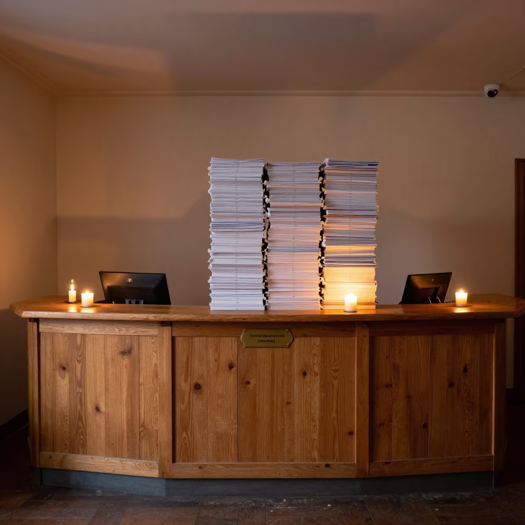 Morning Notice Stacks at Christiania Reception Desk in at a reception desk under warm light in Christiania, Copenhagen