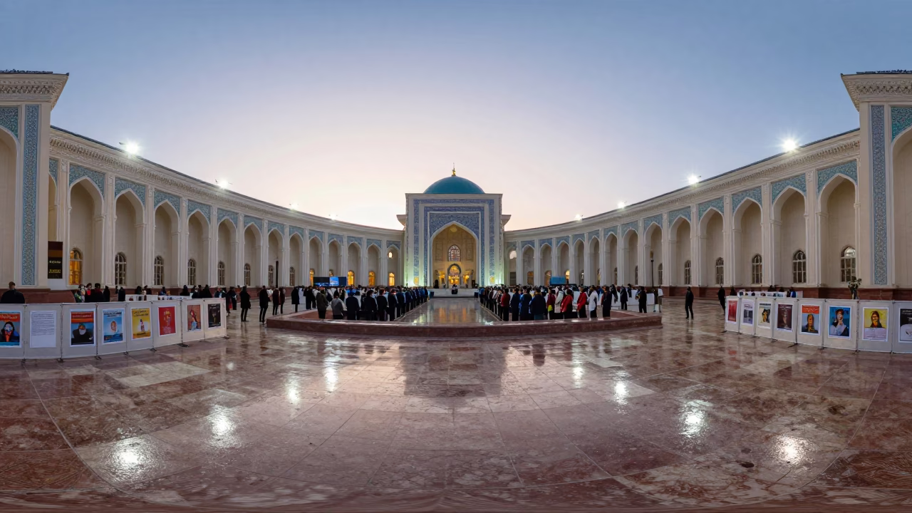 Morning Oath Ceremony City Hall Namangan Rotunda in beneath government building floodlights in Namangan