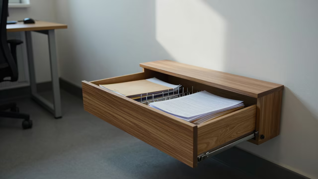 Morning Office Drawer with Paperwork and Hardware in inside an open-plan office bay near Bouskoura