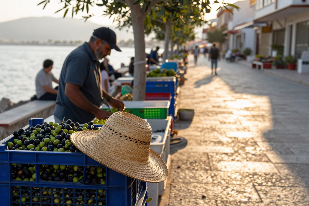 Morning Olive Harvest in Izmir Turkey with Straw Hat and Local Produce in in Izmir, Turkey