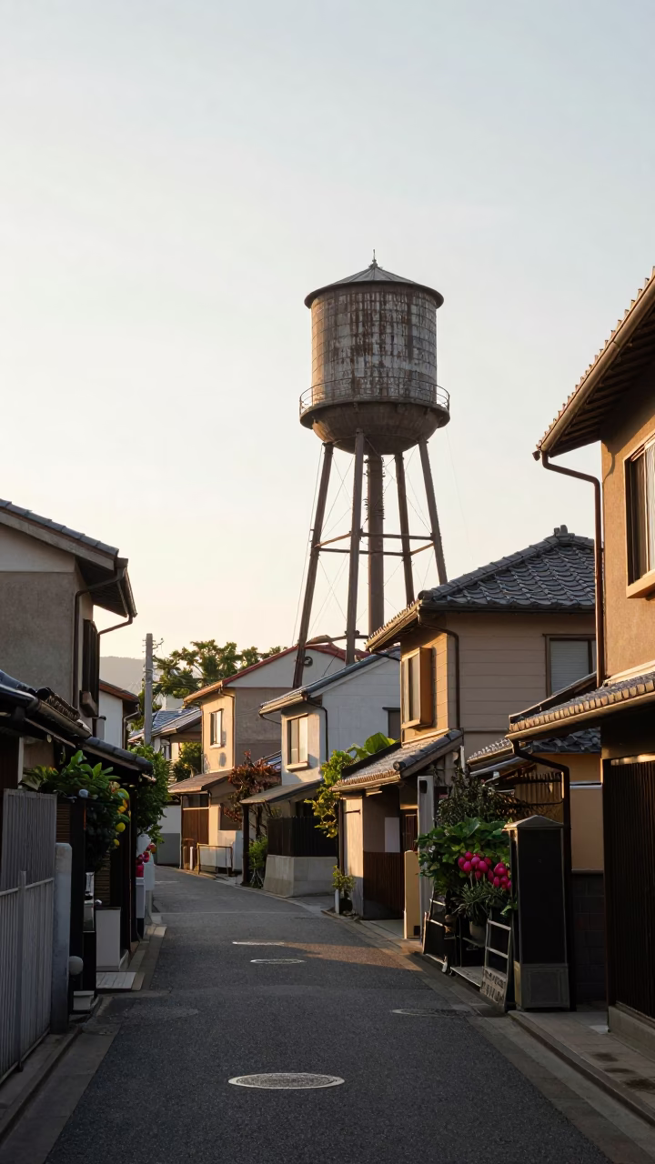 Morning Osaka Japan Street Scene with Water Tower and Radishes in in Osaka, Japan