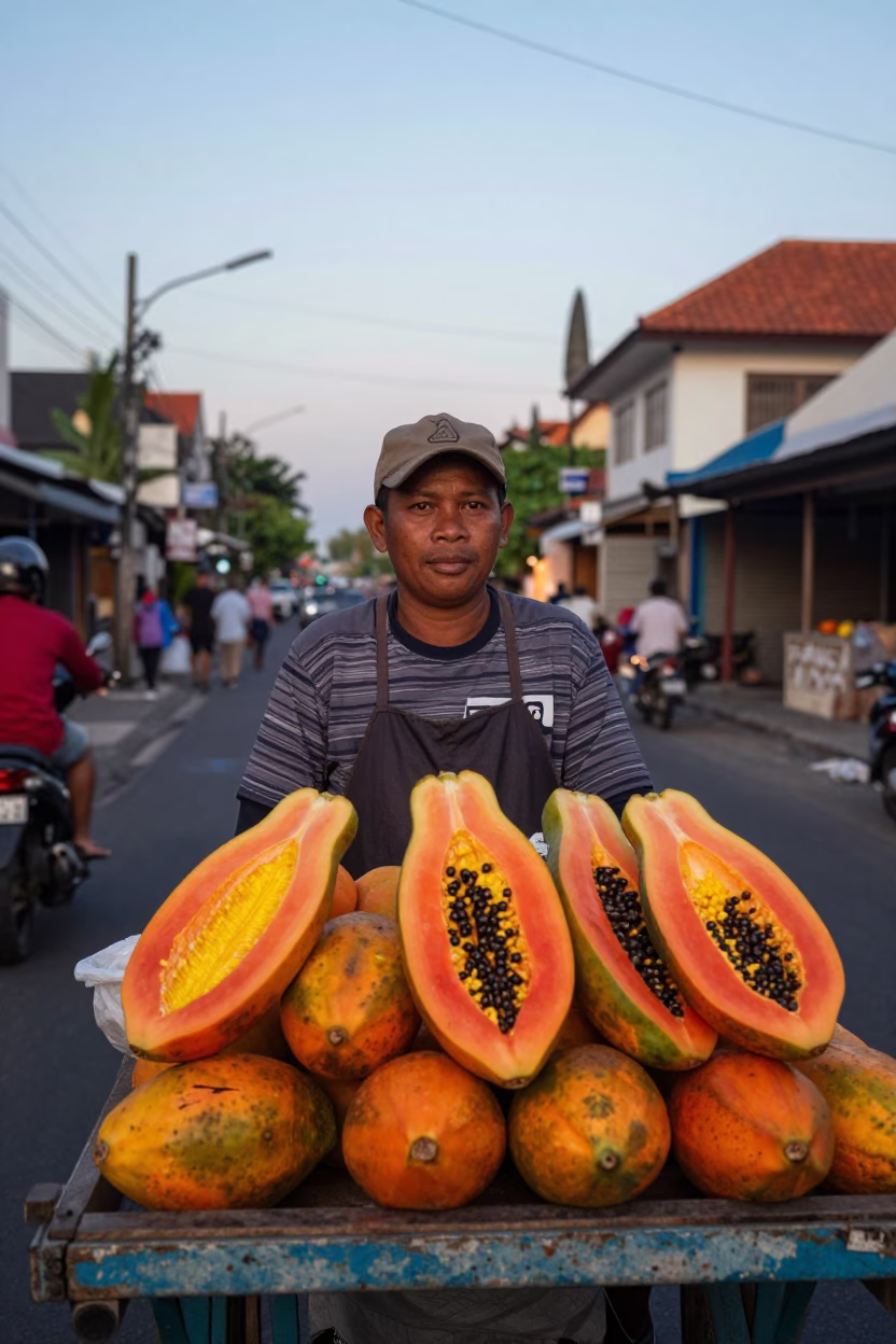 Morning Papaya Vendor at Nautical Dawn in Denpasar Bali Street Market Scene in in Denpasar, Indonesia