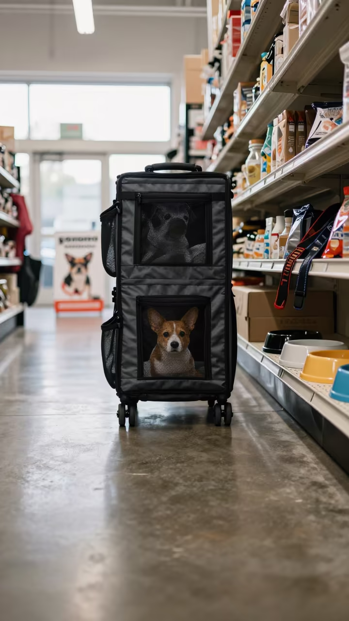 Morning Pet Gear Rack Near Adoption Poster in inside a pet store aisle in Dania