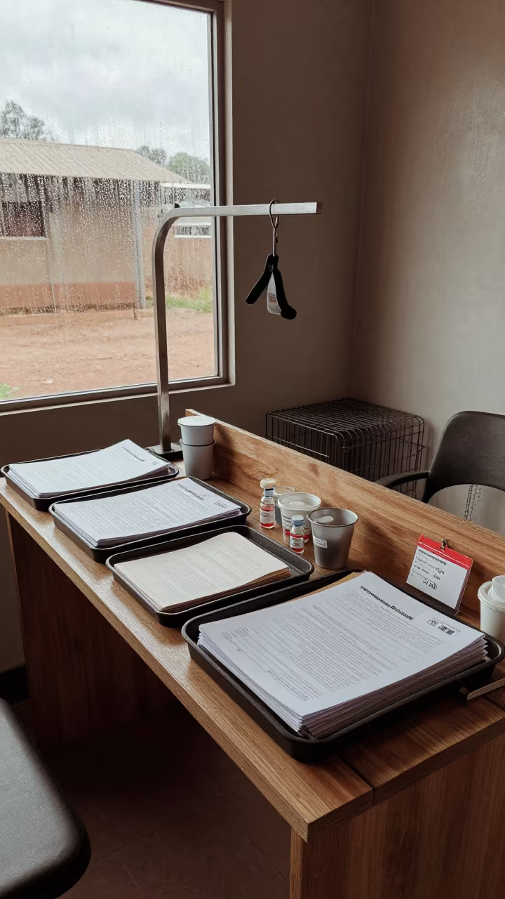 Morning Pet Intake Desk with Binders and Trays in inside a grooming bay near Tabora