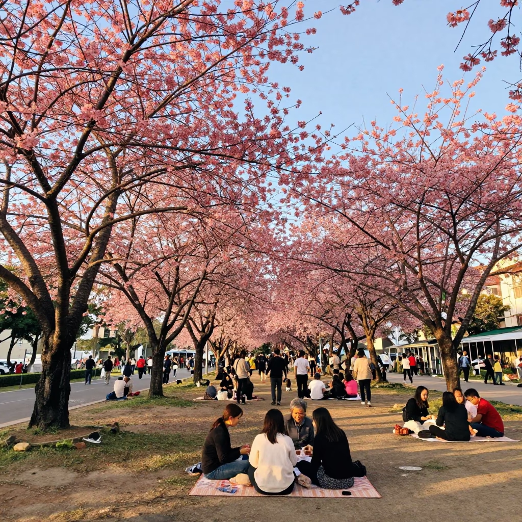 Morning Picnic Under Cherry Blossoms in Da Nang in at a public square during a festival in Da Nang