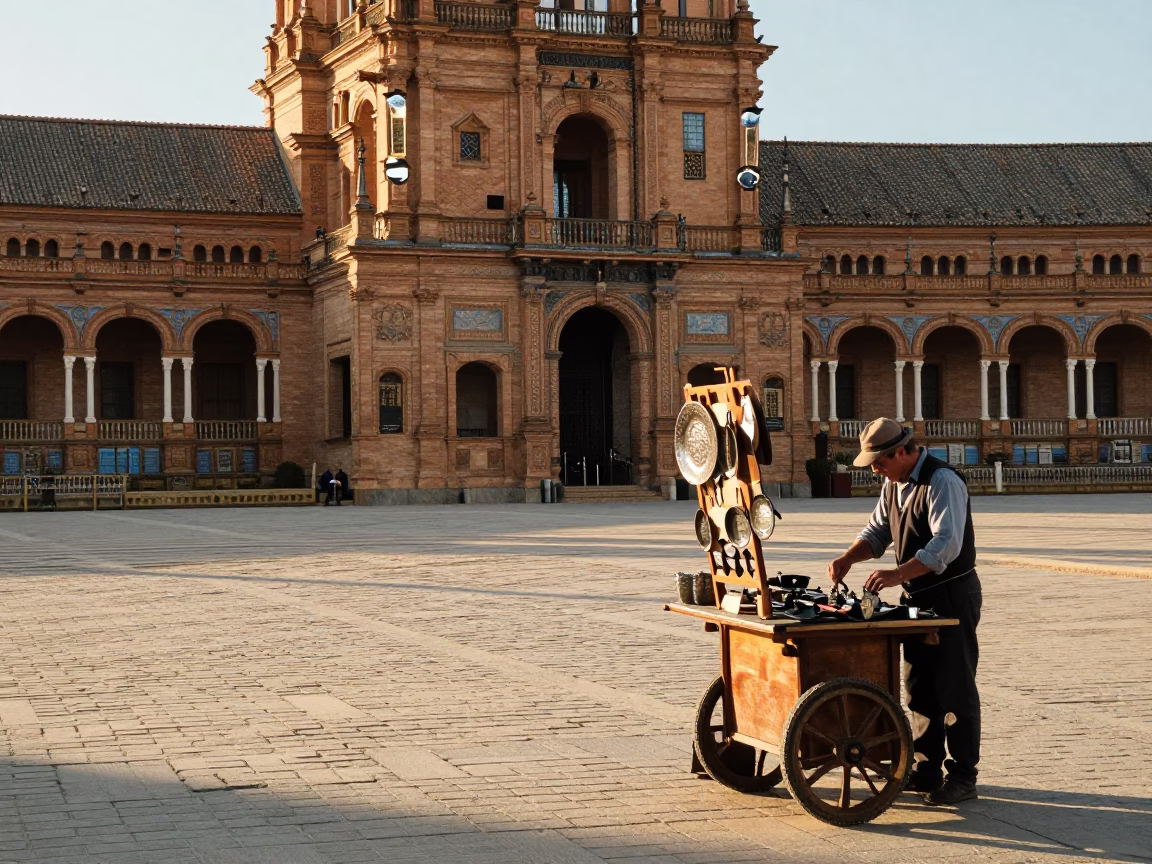 Morning Plaza in Seville at As First Light Reaches The Scene in in Seville, Spain