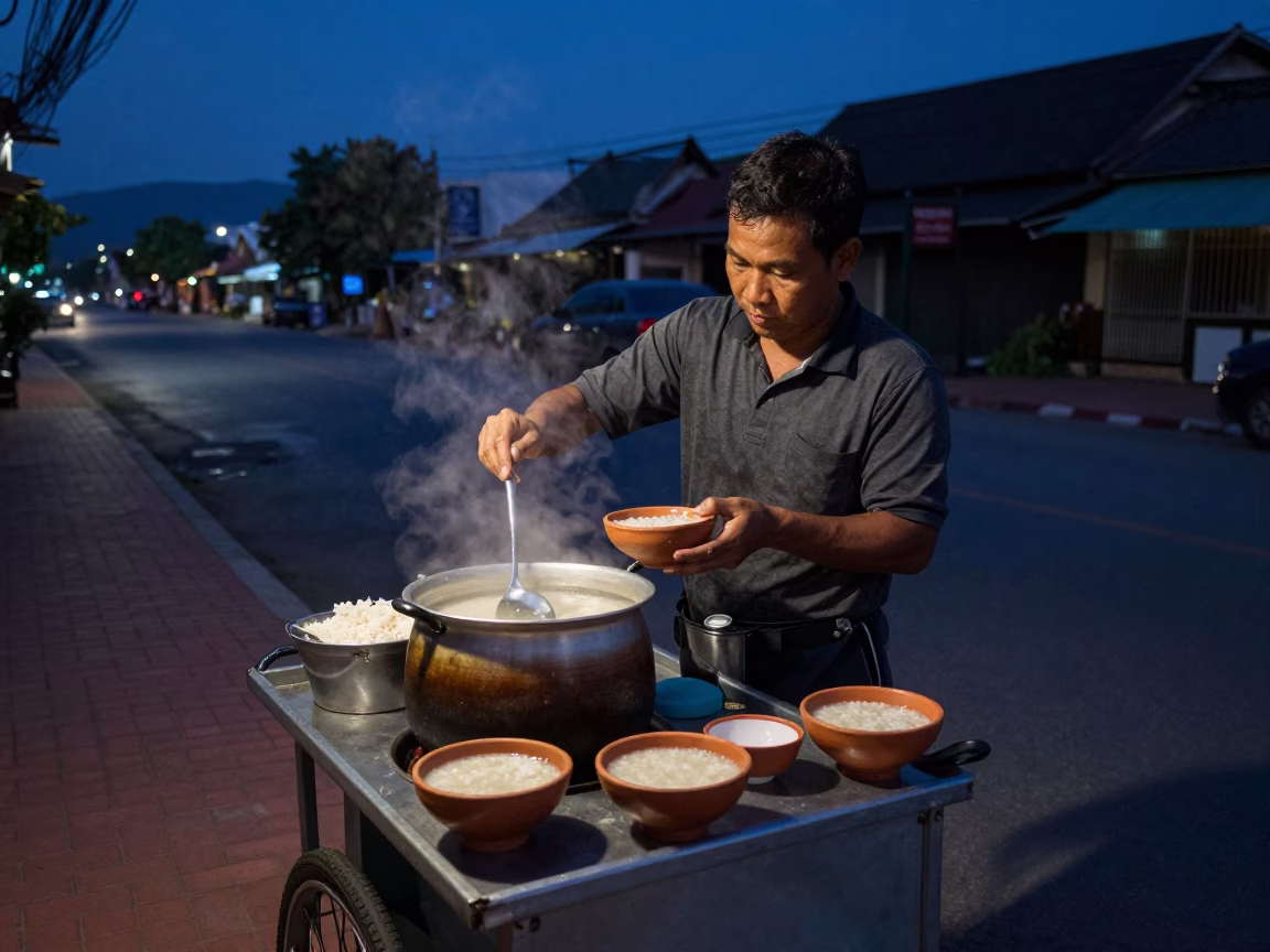 Morning Porridge in Chiang Mai at The Predawn Darkness Light in in Chiang Mai, Thailand