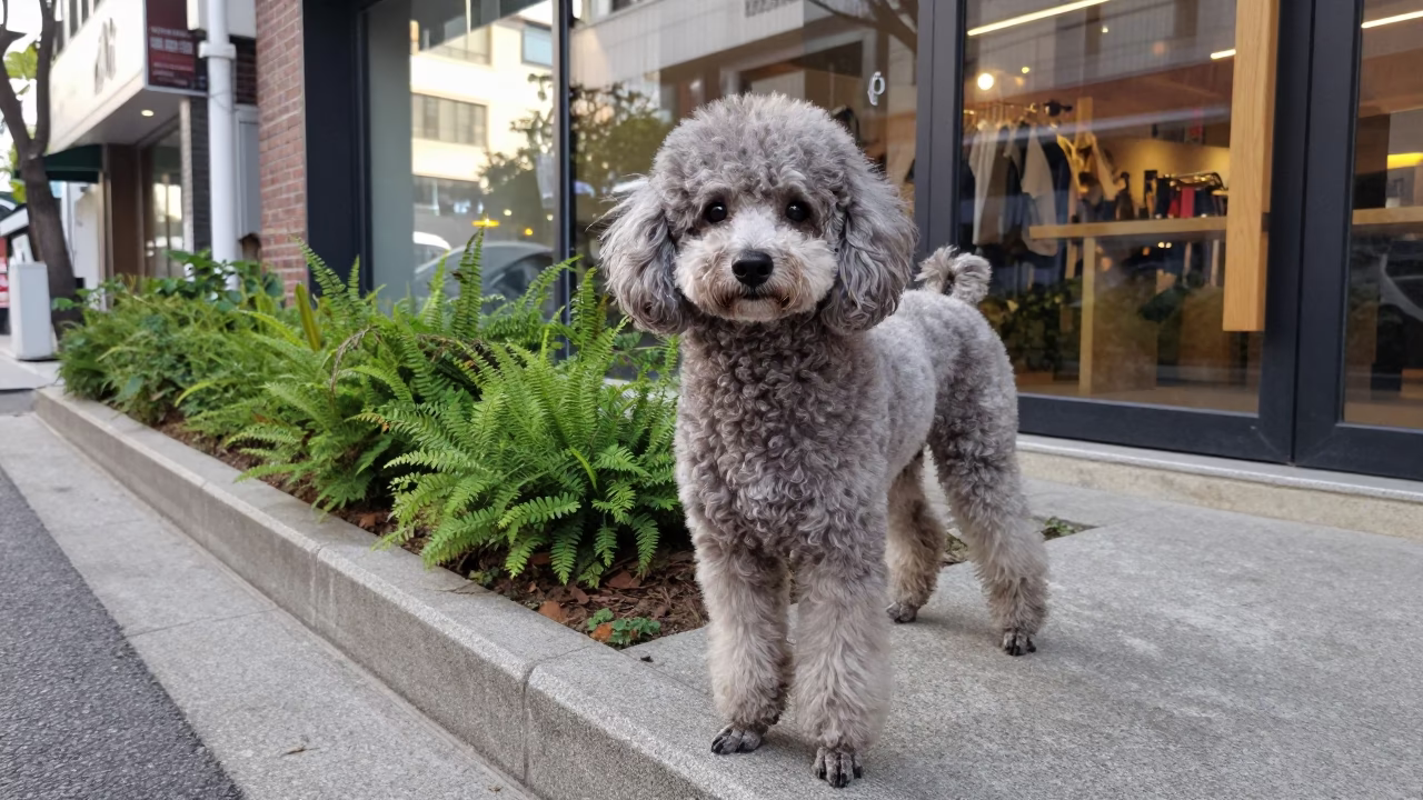 Morning Portrait of Poodle Near Euljiro Seoul Garden in near a garden edge with soft morning light and an uncluttered background near Euljiro, Seoul