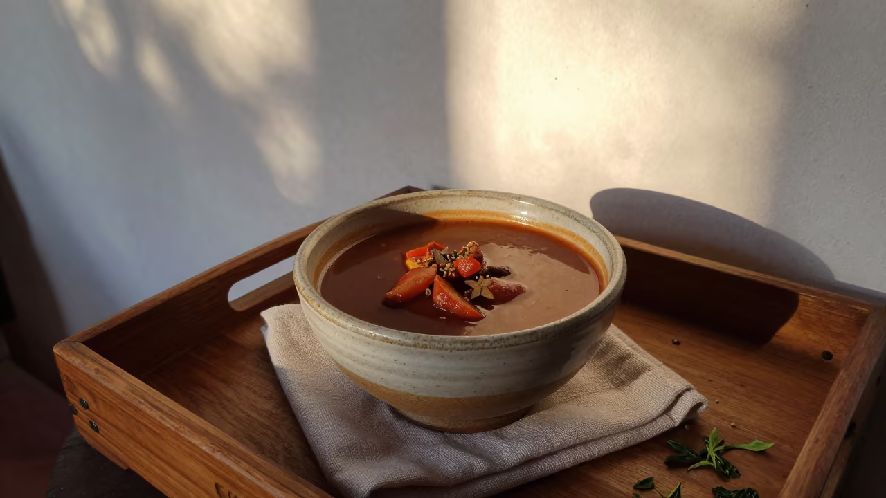 Morning Pozole Bowl on Linen in Guadalupe in on a tea house tray in Guadalupe