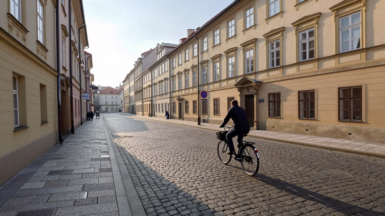 Morning Prague Street Scene with Bicycle and Cobblestones near Charles Bridge at Sunrise in in Prague, Czech Republic