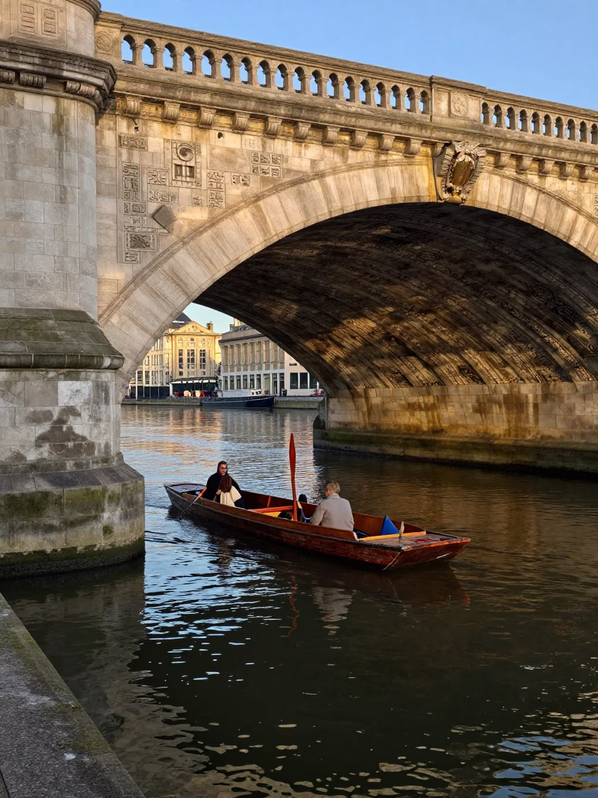 Morning Punt Gliding Under Historic Stone Bridge in London First Light in in London, United Kingdom