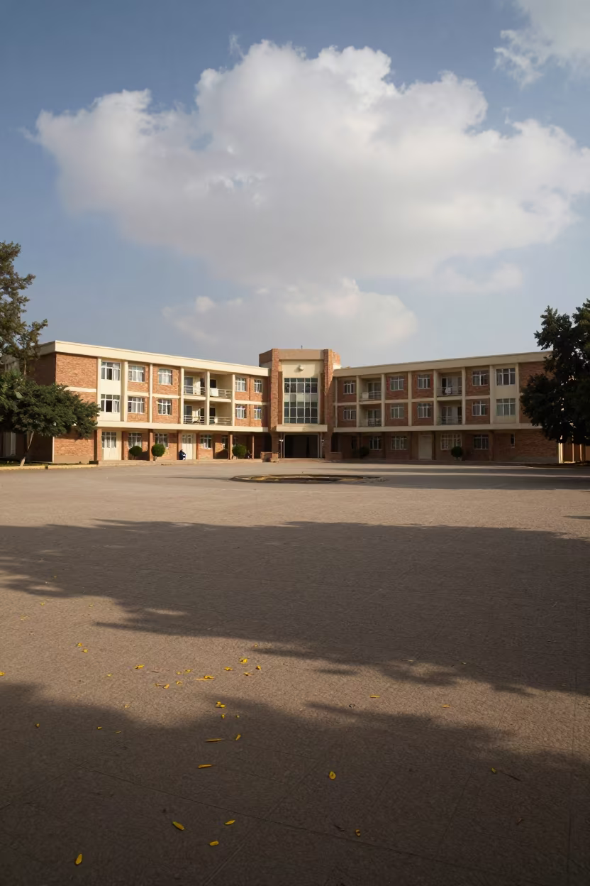 Morning Quad Leaves Before Classes Nasiriyah in outside a brick lecture building in Nasiriyah