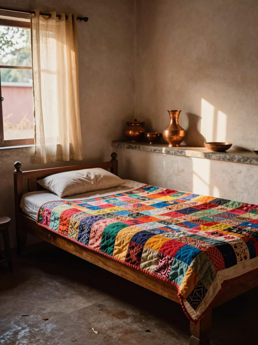 Morning Quilt on Guest Bed Thanjavur Kitchen in in a cozy kitchen near Thanjavur