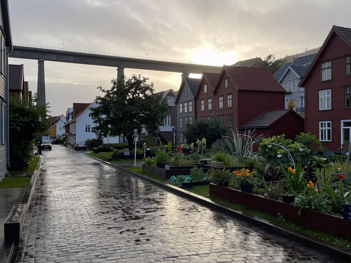 Morning Rain in Bergen at The Late Morning Light in in Bergen, Norway