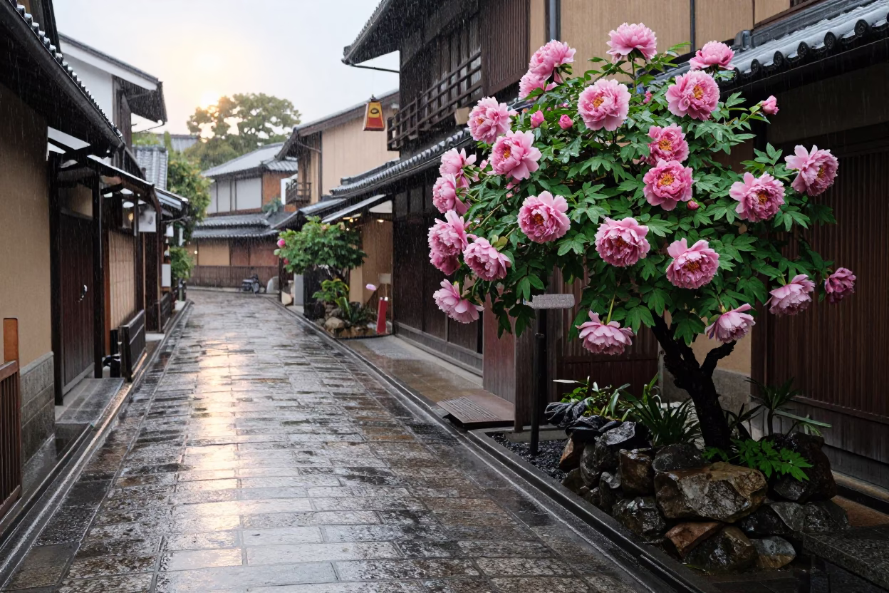 Morning Rain in Kyoto at The Late Morning Light in in Kyoto, Japan