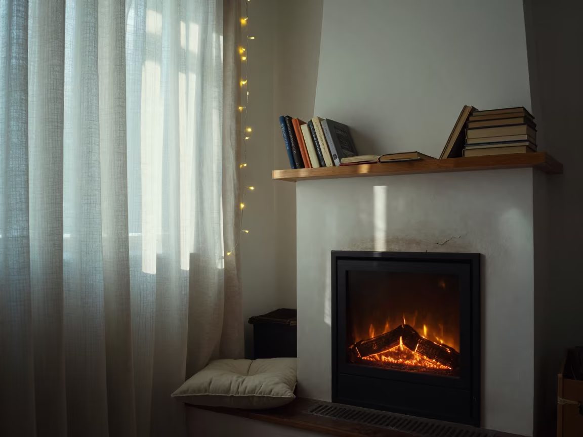Morning Reading Nook by Fireplace in Bangalore in by a crackling fireplace near Bangalore