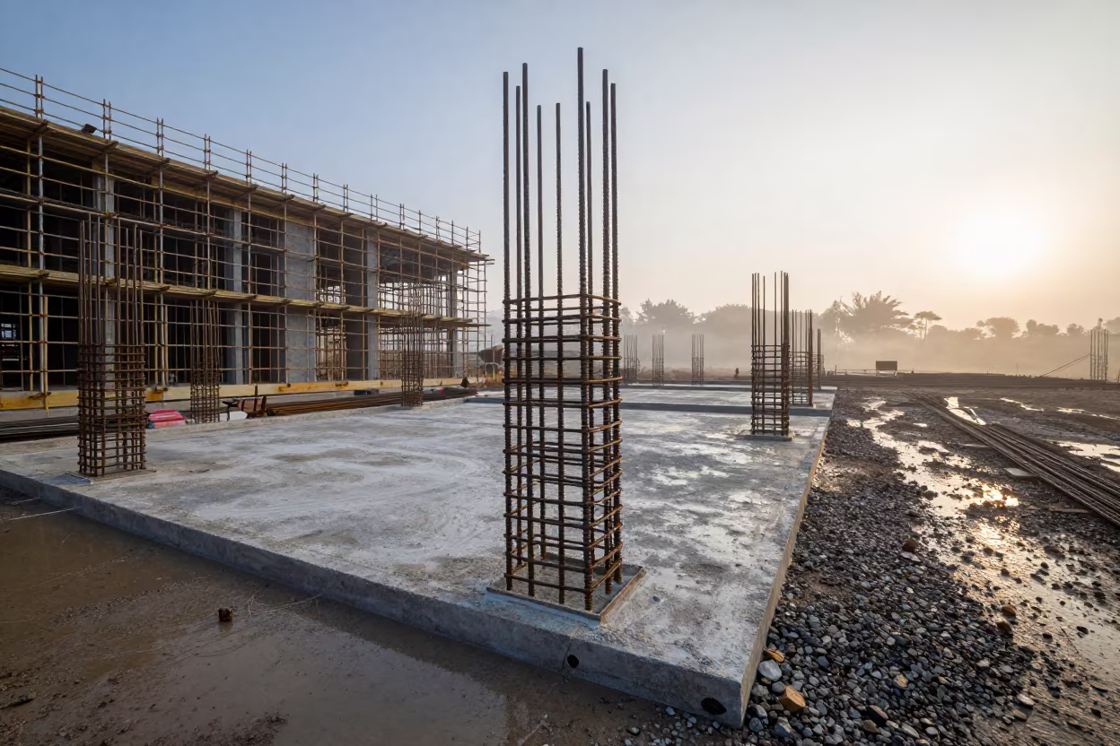 Morning Rebar Splice Rack Concrete Footing Alor Setar in along a scaffolded facade in Alor Setar