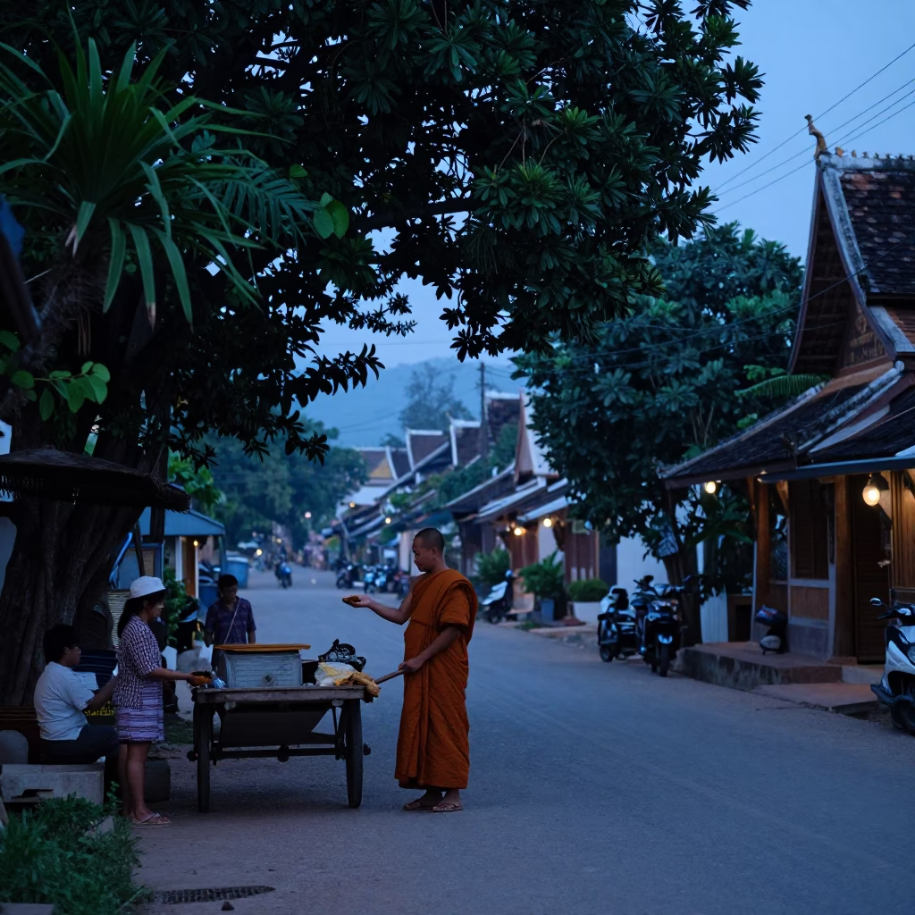 Morning Ritual in Luang Prabang Laos Nautical Dawn Street Scene in in Luang Prabang, Laos