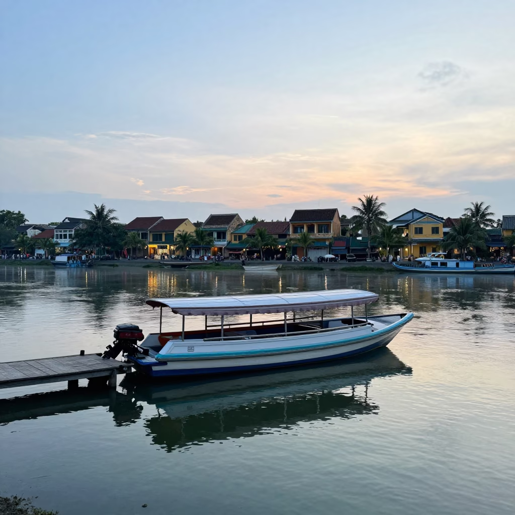 Morning Riverfront in Hoi An at Sunrise Light in in Hoi An, Vietnam