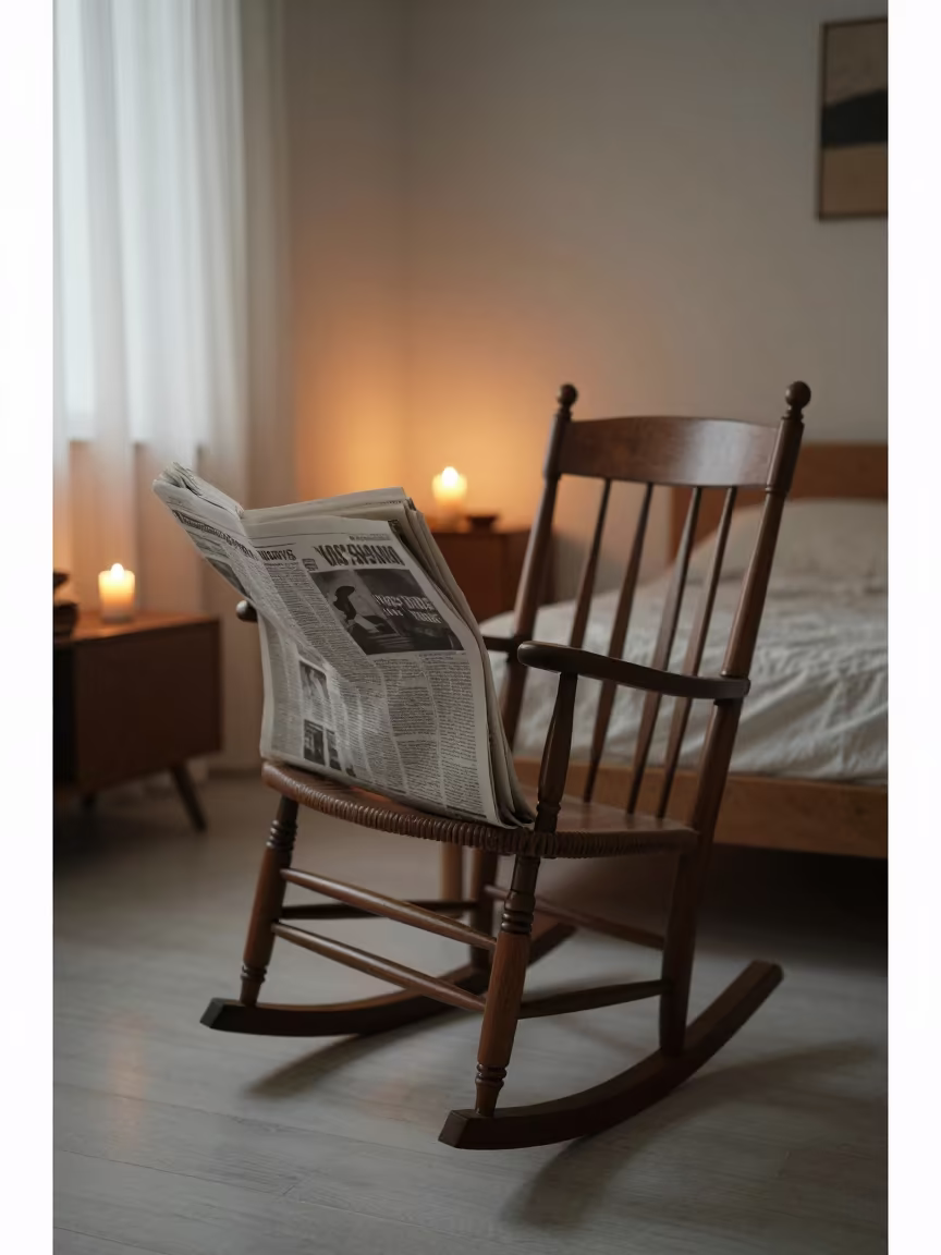 Morning Rocking Chair with Newspaper in Candlelit Bedroom in in a candlelit bedroom near Nowshera