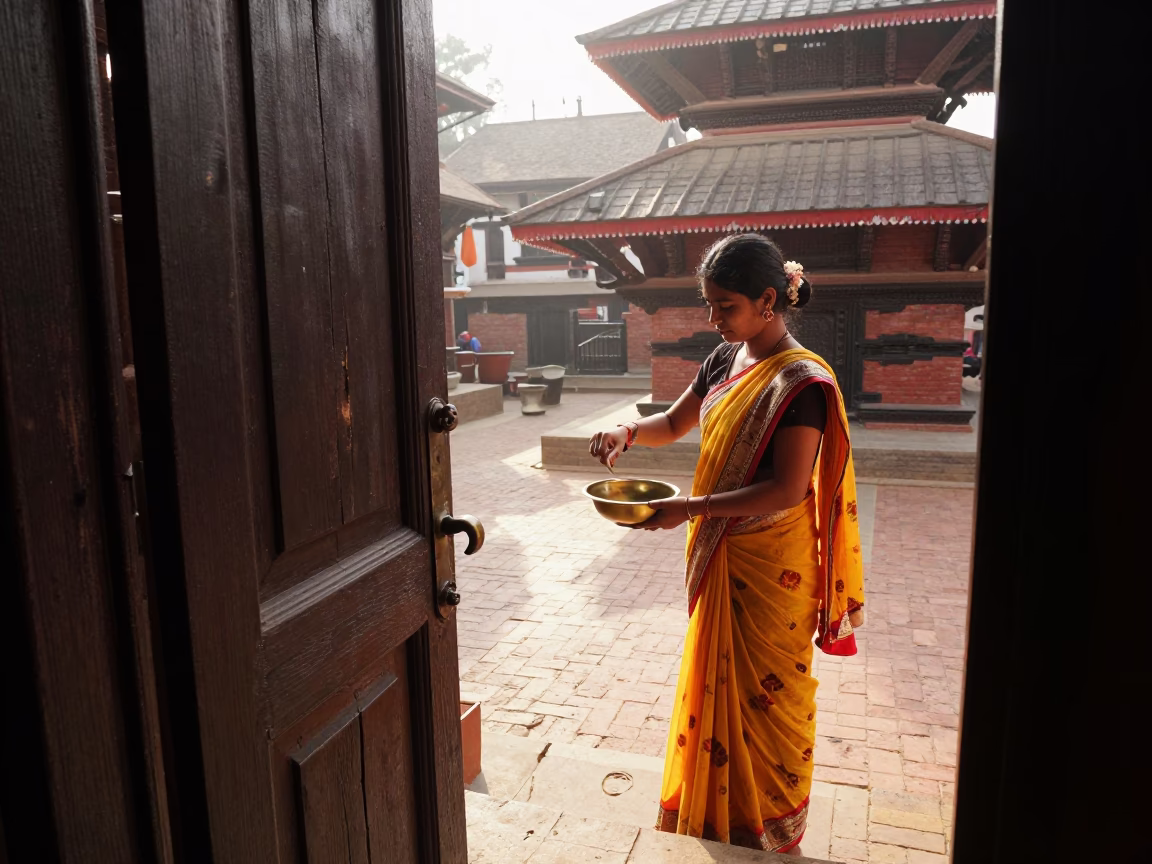 Morning routine in a Kathmandu courtyard with door handle and cooler jug in in Kathmandu, Nepal