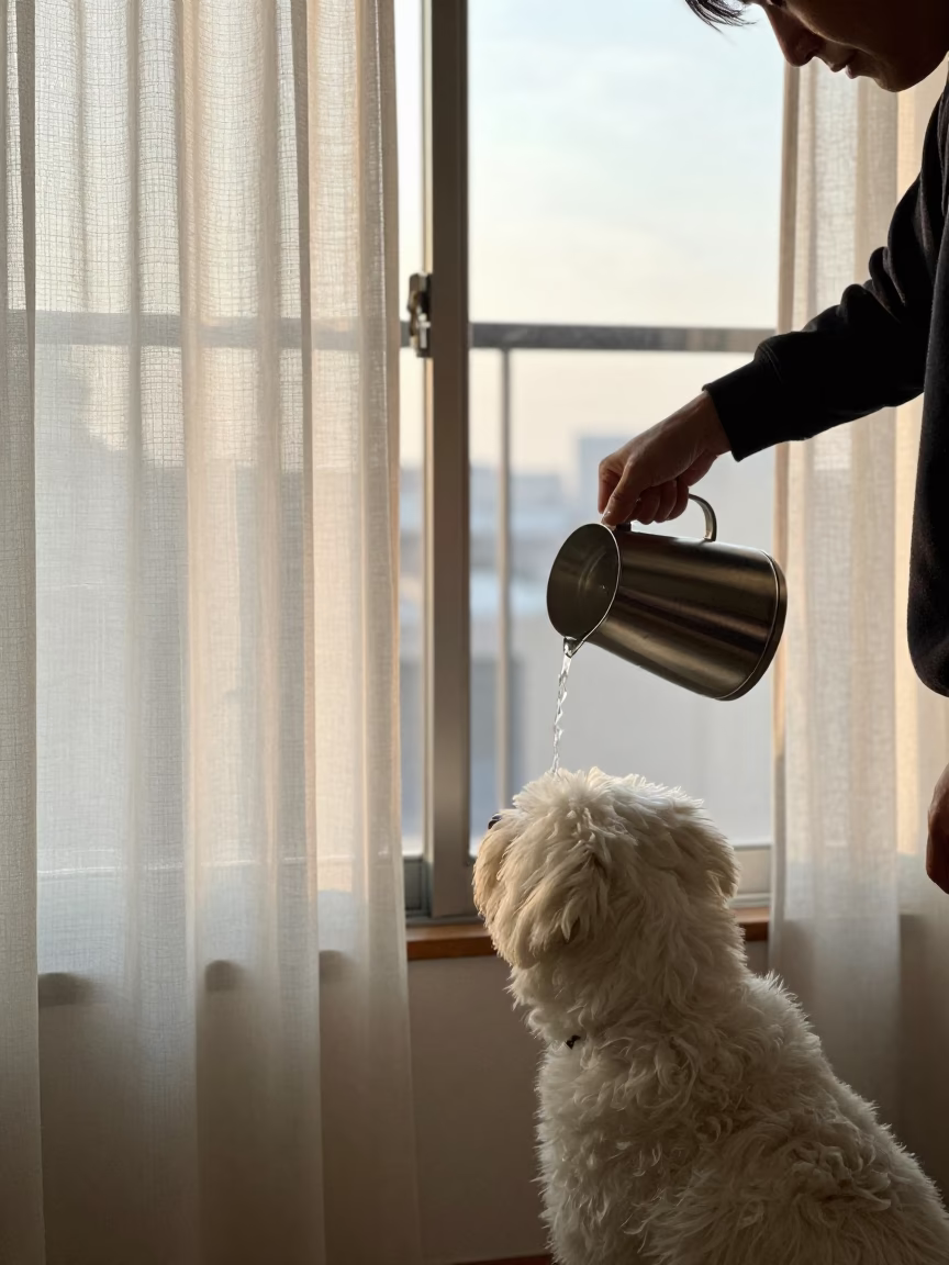Morning routine in a Sapporo apartment with white dog and teapot in in Sapporo, Japan