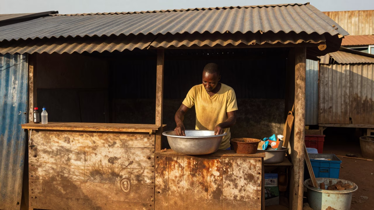 Morning Routine in Accra Ghana Street Vendor with Rusty Basin and Blueberries in in Accra, Ghana