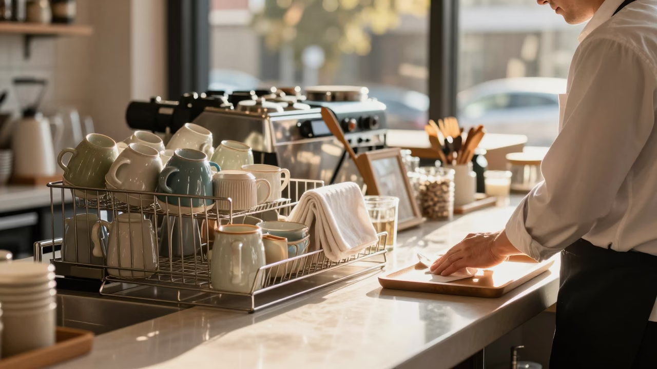 Morning Routine in Melbourne Cafe with Dish Rack and Linen Fringe in in Melbourne, Victoria, Australia