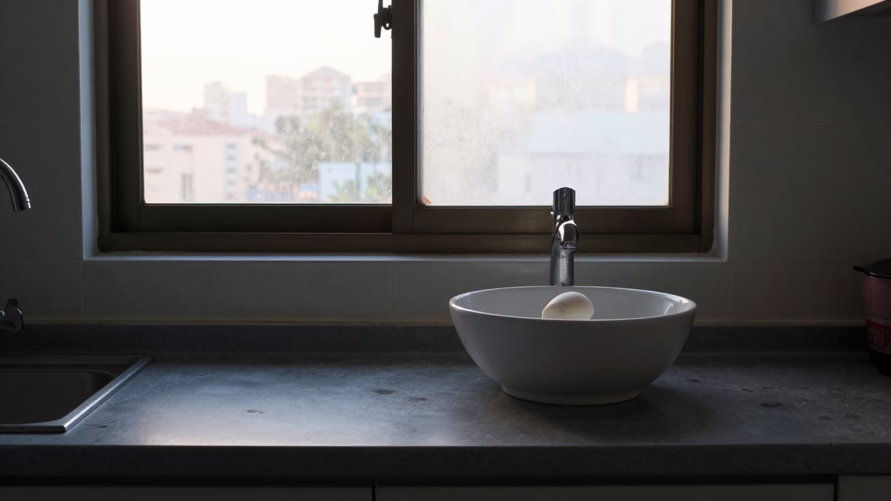 Morning Routine in Singapore HDB Kitchen Before Sunrise with Soap Residue and Tea Stains in in Singapore, Singapore