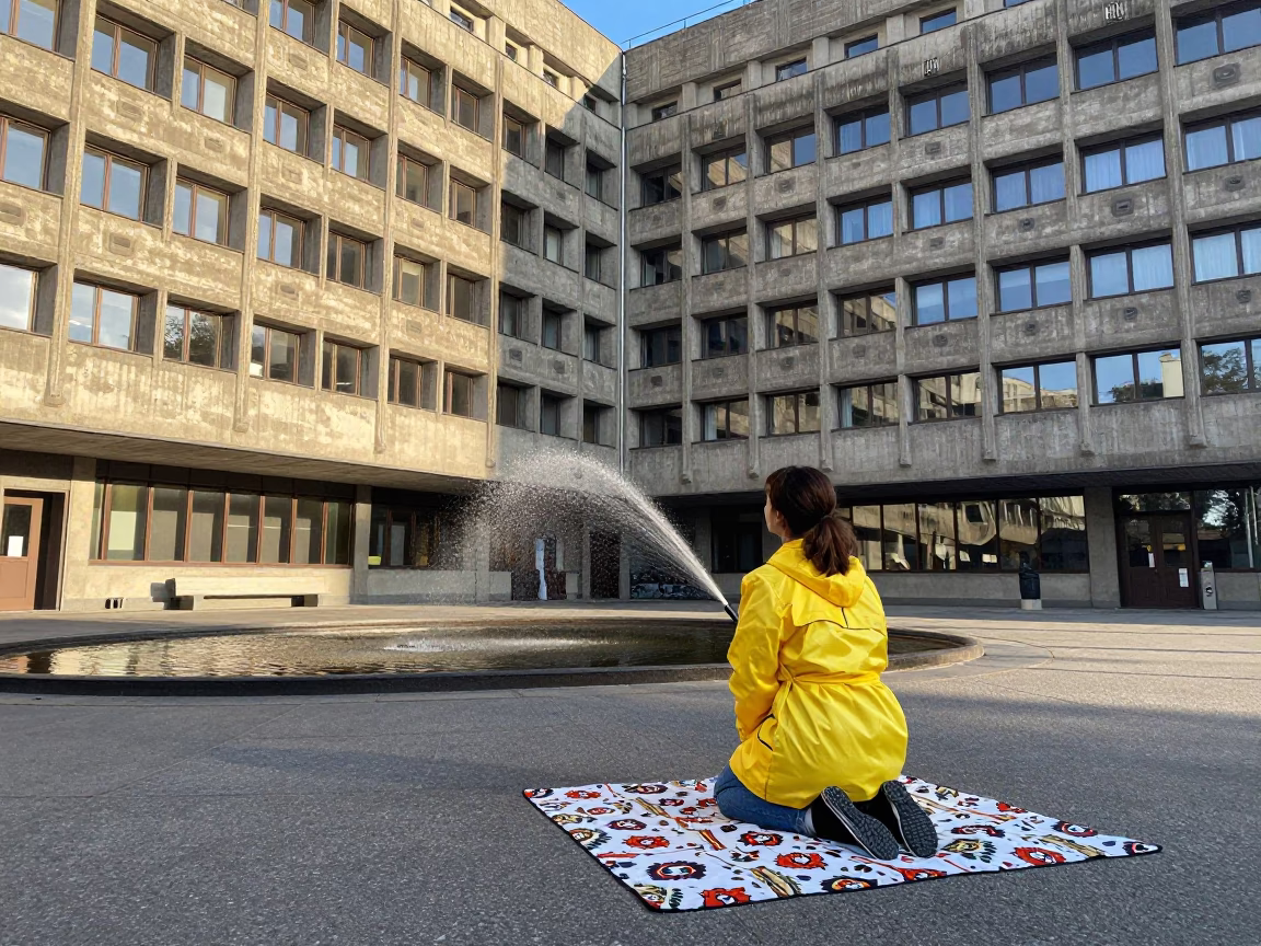 Morning Routine Outside Brutalist Prague University Building with Watering Jug and Picnic Blanket in in Prague, Czech Republic