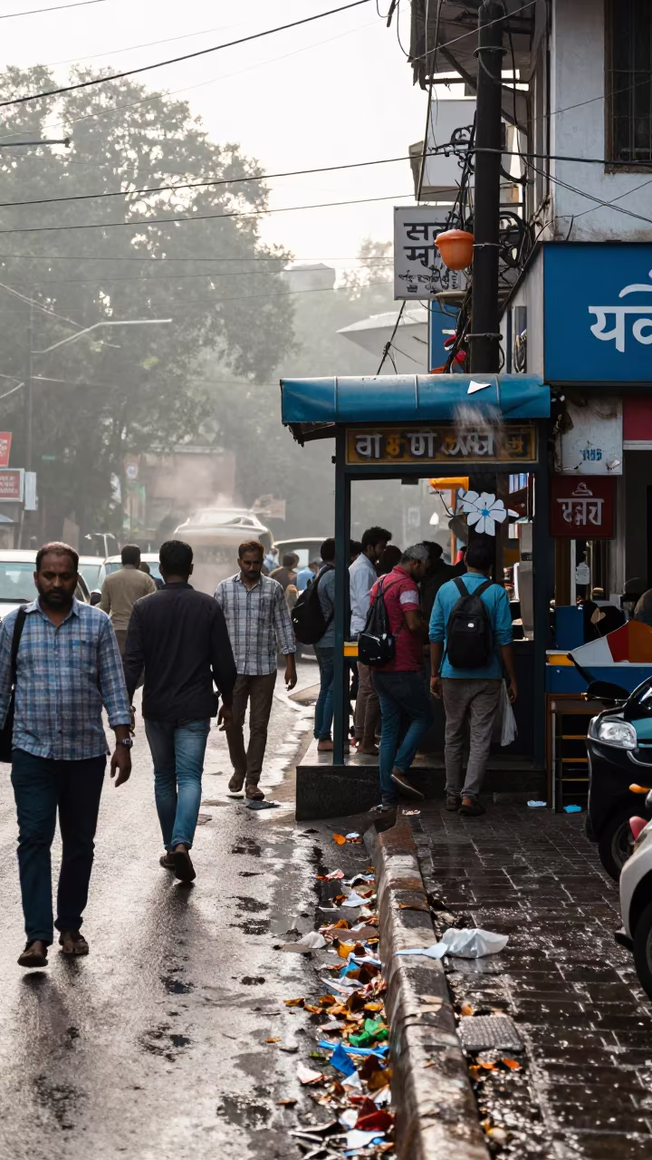 Morning Rush Commuters Exit Subway in Jabalpur in outside a corner cafe in Jabalpur