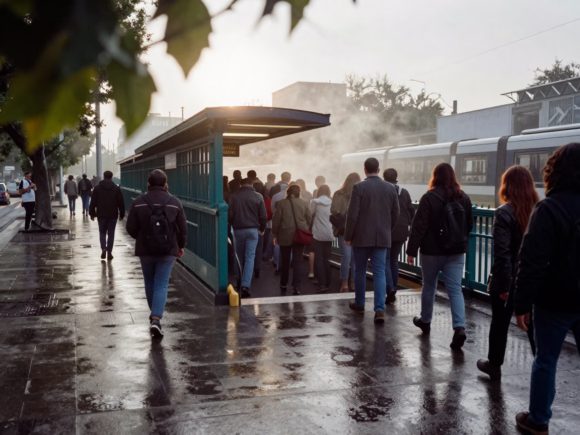 Morning Rush Commuters at San Felipe Tram Stop in at a tram stop in San Felipe
