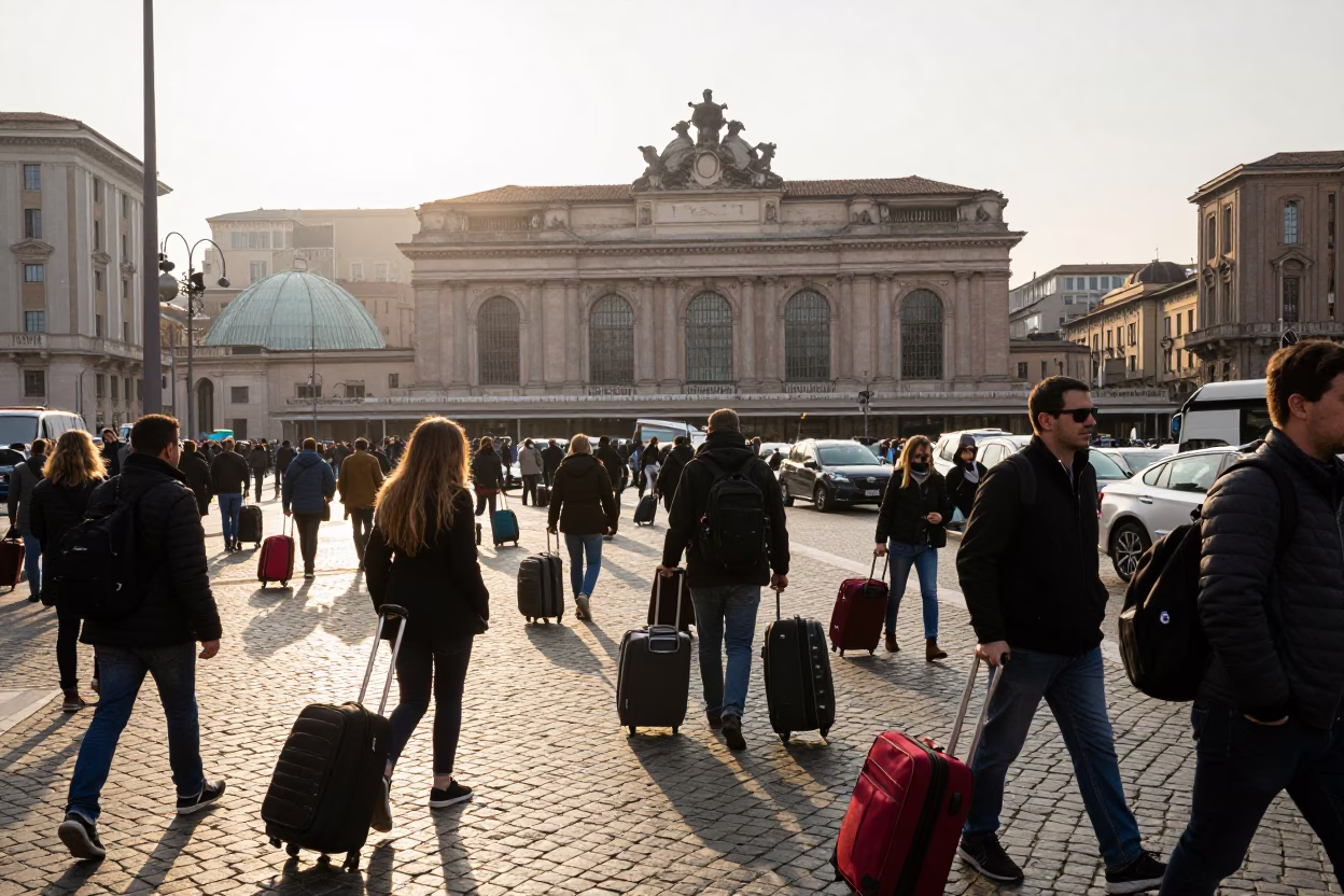 Morning rush near Termini Station with suitcases and commuters in Rome in in Rome, Italy