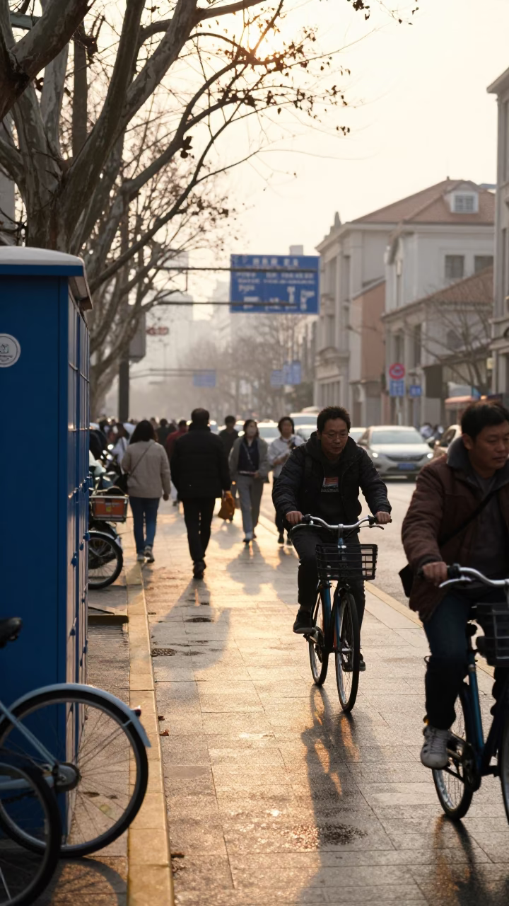 Morning Rush on Shanghai Street with Bicycle Lockers and Overpass in in Shanghai, China