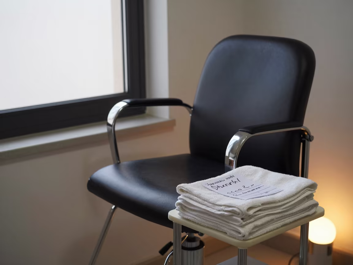 Morning Salon Chair with Towels and Price Cards in inside a skincare treatment room near Tétouan