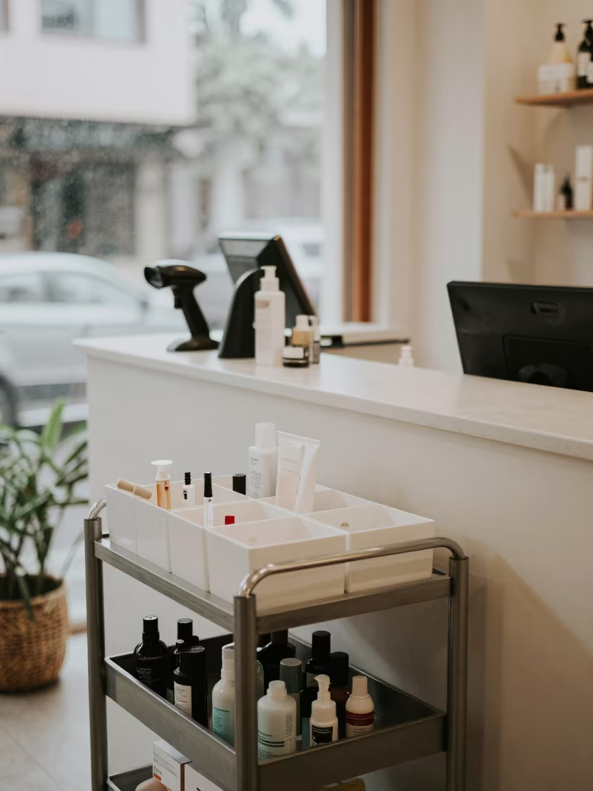 Morning Salon Restock Cart Near Bangalore in at a salon reception counter near Bangalore