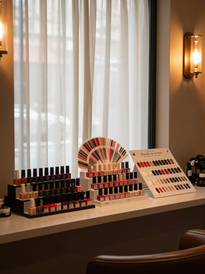 Morning Salon Setup Nail Polish Display Melbourne in at a salon reception counter near Degraves Street, Melbourne