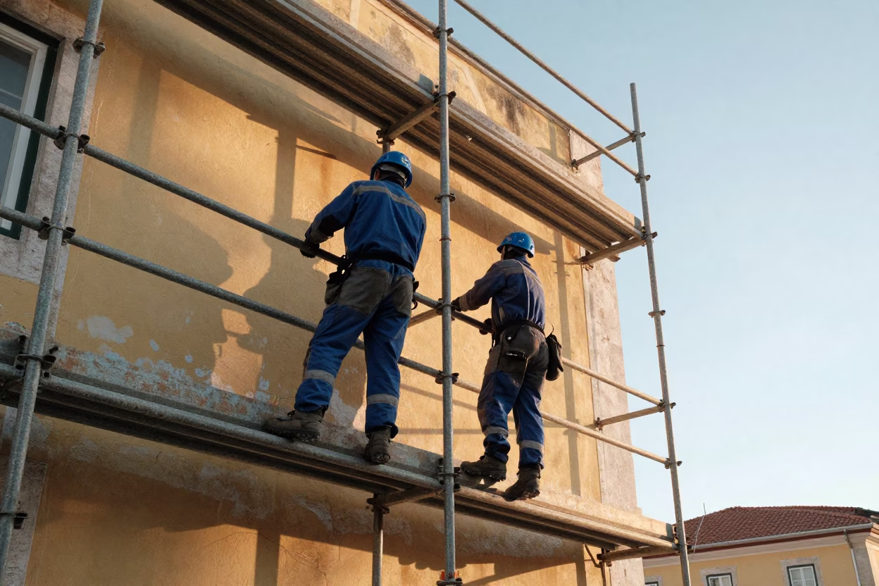 Morning Scaffolding Workers Climbing Steel Lattice in Lisbon Portugal First Light in in Lisbon, Portugal