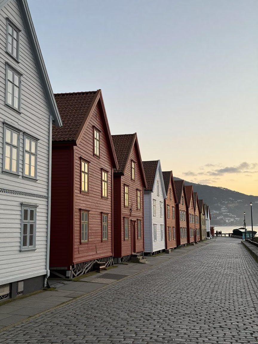Morning Scene in Bergen at As First Light Reaches The Scene in in Bergen, Norway