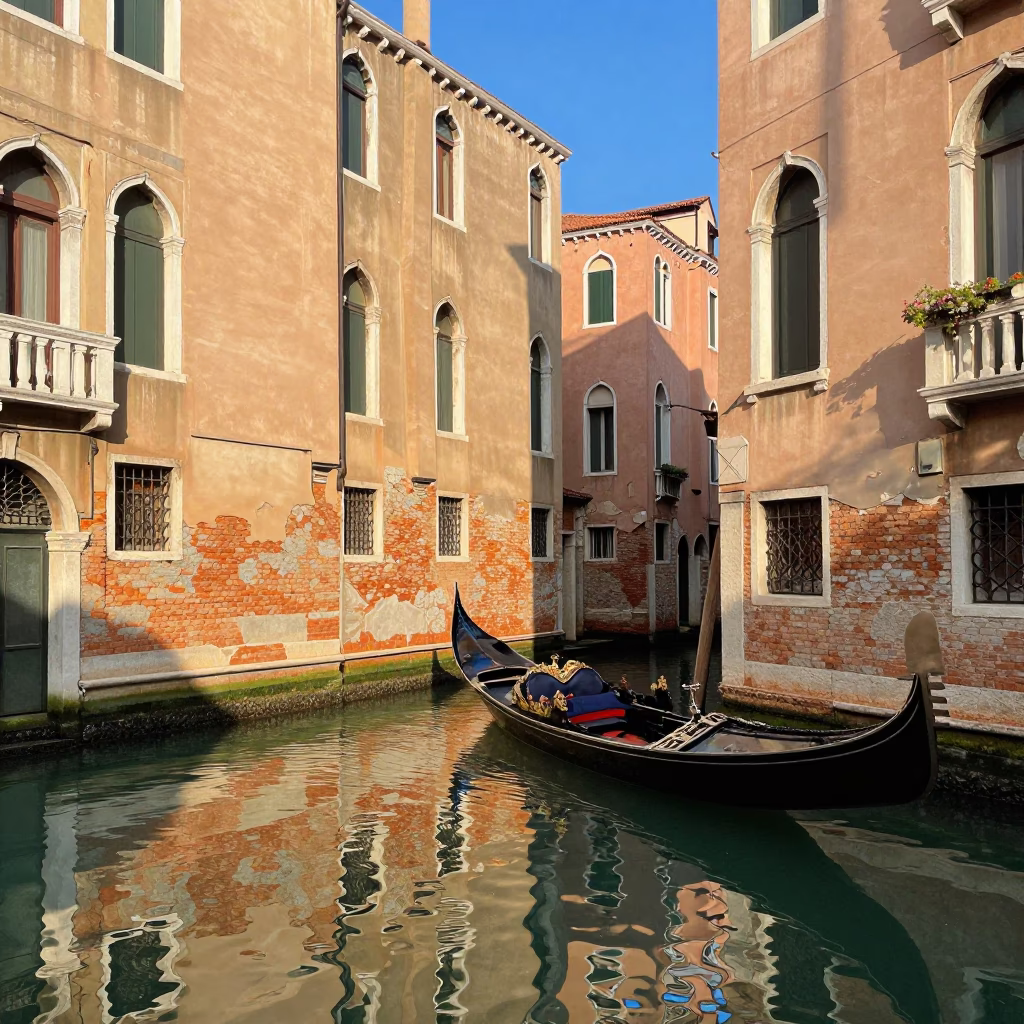 Morning Scene in Venice at Bright Midmorning Light in in Venice, Italy