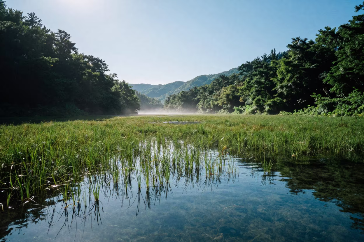 Morning Seagrass Meadow in Hokkaido Valley in across a wide valley floor in Hokkaido