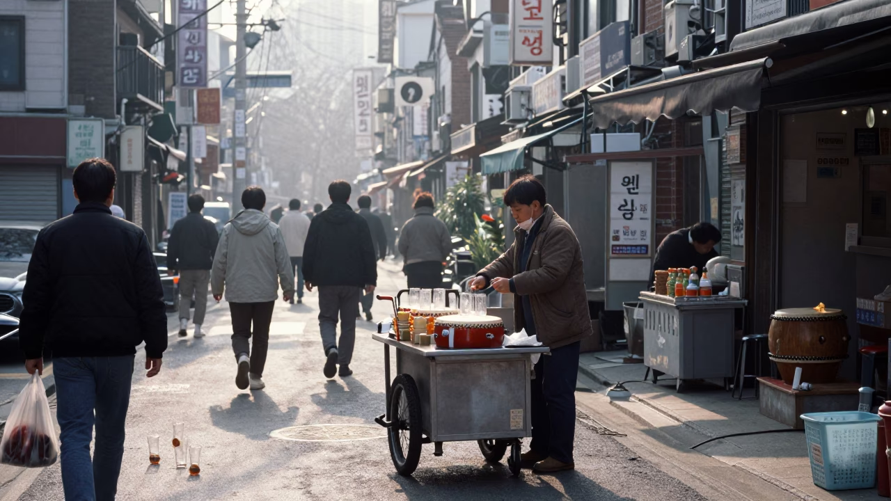 Morning Seoul Street Scene with Jangsu and Glass Tumblers in Early Light in in Seoul, South Korea