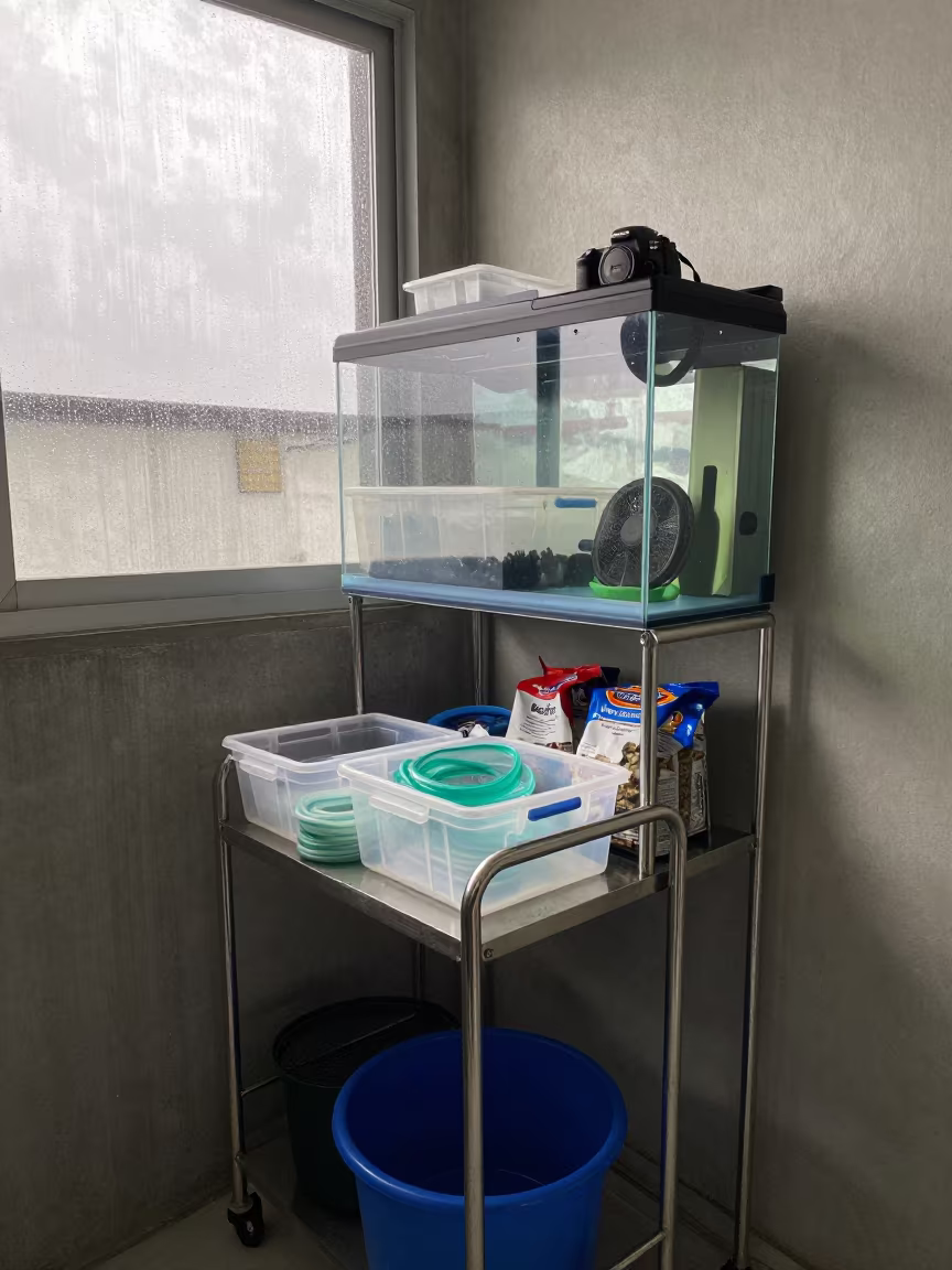 Morning Setup Aquarium Shelf Cart Adoption Room in inside an adoption room in Salvador