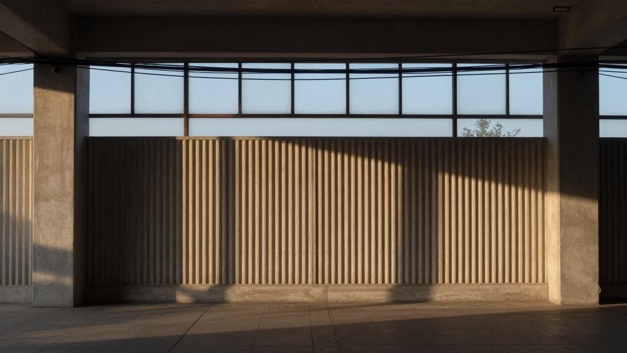 Morning Shadows on Concrete Divider Cables in inside a ribbed concrete lobby near Torreón