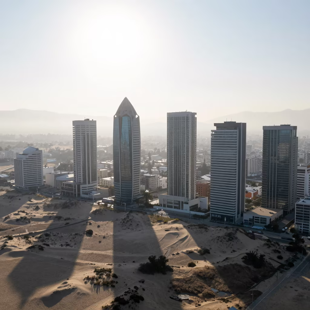 Morning Shadows Over Tijuana Skyscrapers in above dune fields and dry wadis near Tijuana