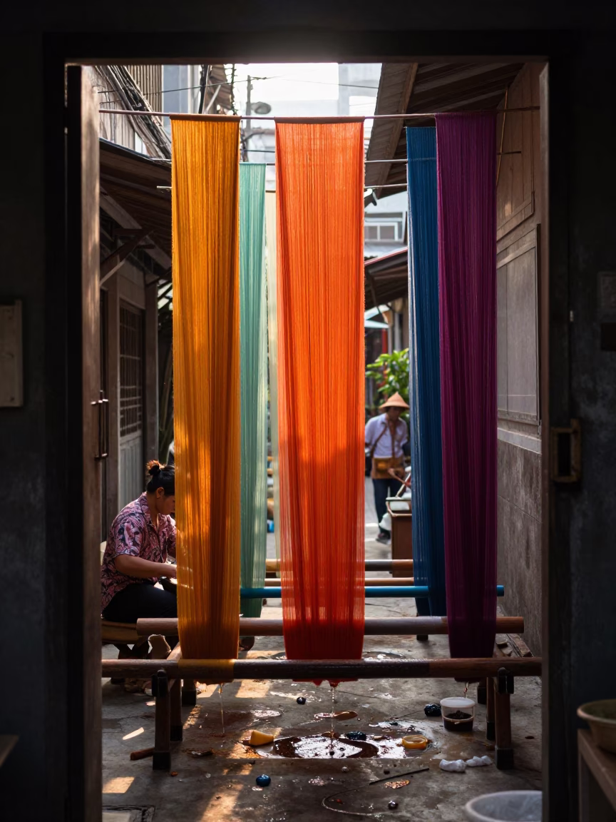 Morning Silk Dyeing Workshop in Bangkok Thailand with Hanging Fabric at Dawn in in Bangkok, Thailand