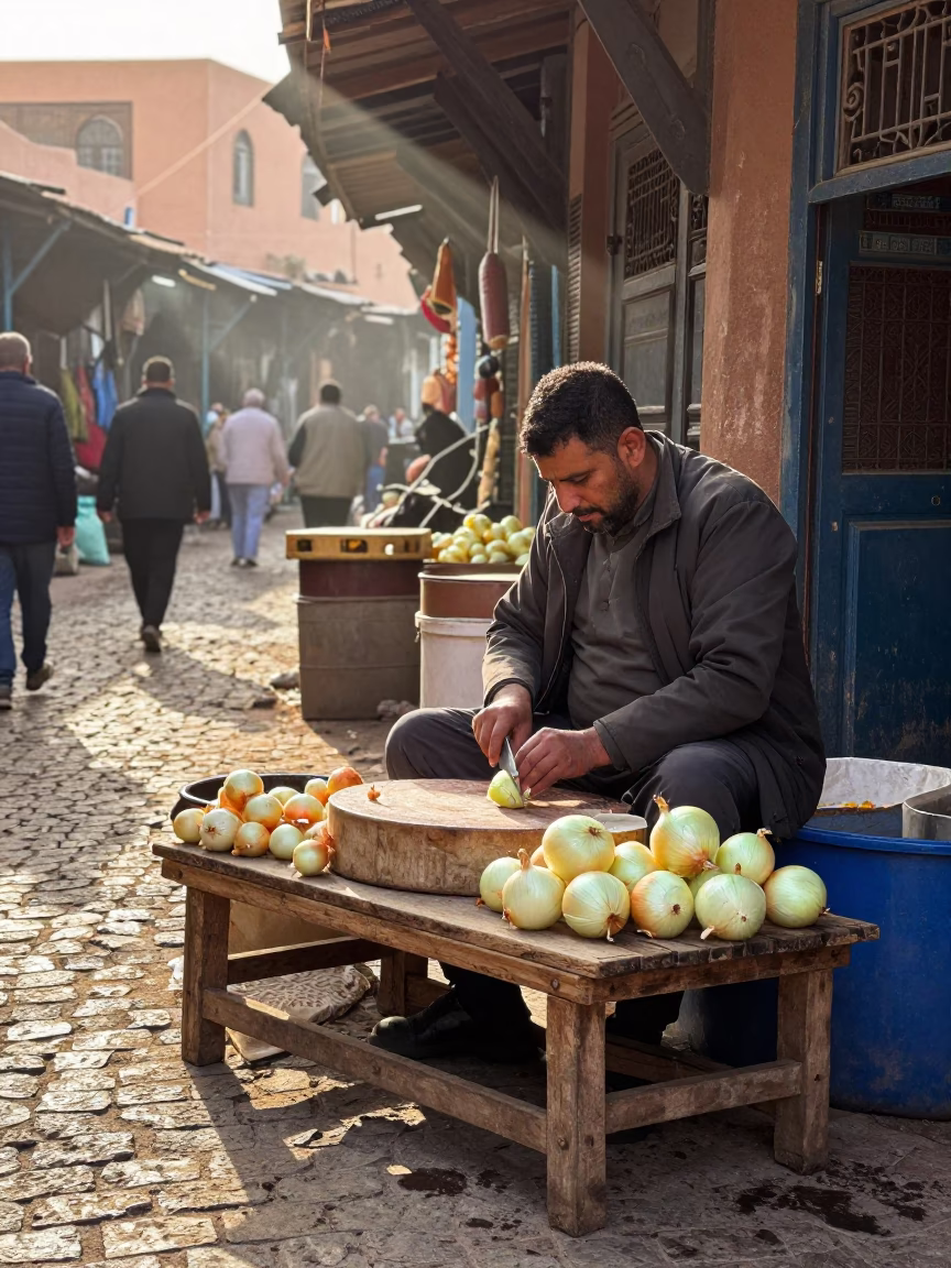 Morning Souk Vendor Chopping Fresh Onions Near Traditional Marrakech Market Stalls in in Marrakech, Morocco