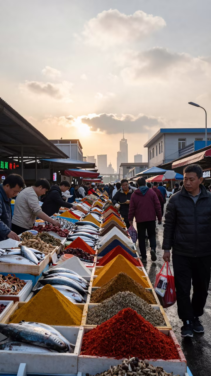 Morning Spice Market Rail Shanghai Sunrise in beside a fish counter in Shanghai