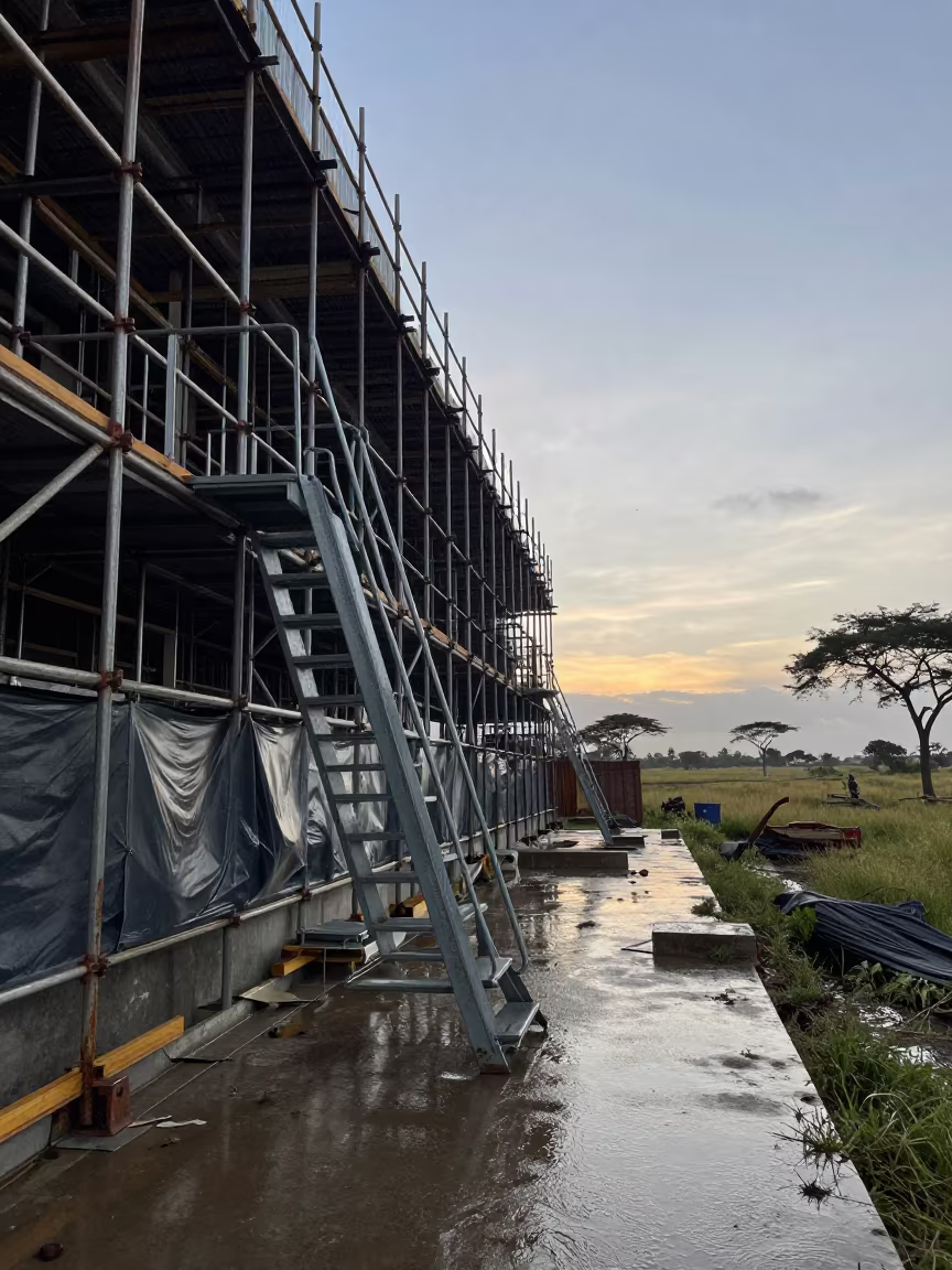 Morning Staircase on Wet Scaffold in along a scaffolded facade in the Serengeti