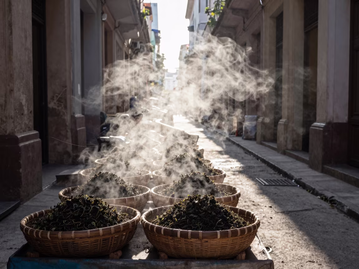Morning Steam Corridor Over Havana Market Baskets in at a market stall in Habana Vieja, Havana